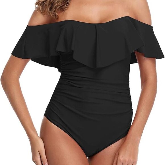 Womens Retro One Piece Bathing Suit Tummy Control Off Shoulder - Picture 2 of 6